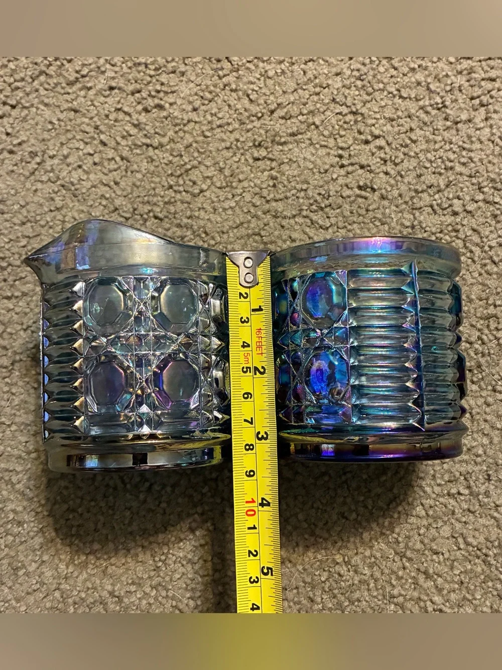Vintage Iridescent Blue Indiana Carnival Windsor Glass Creamer & Sugar Bowl Set